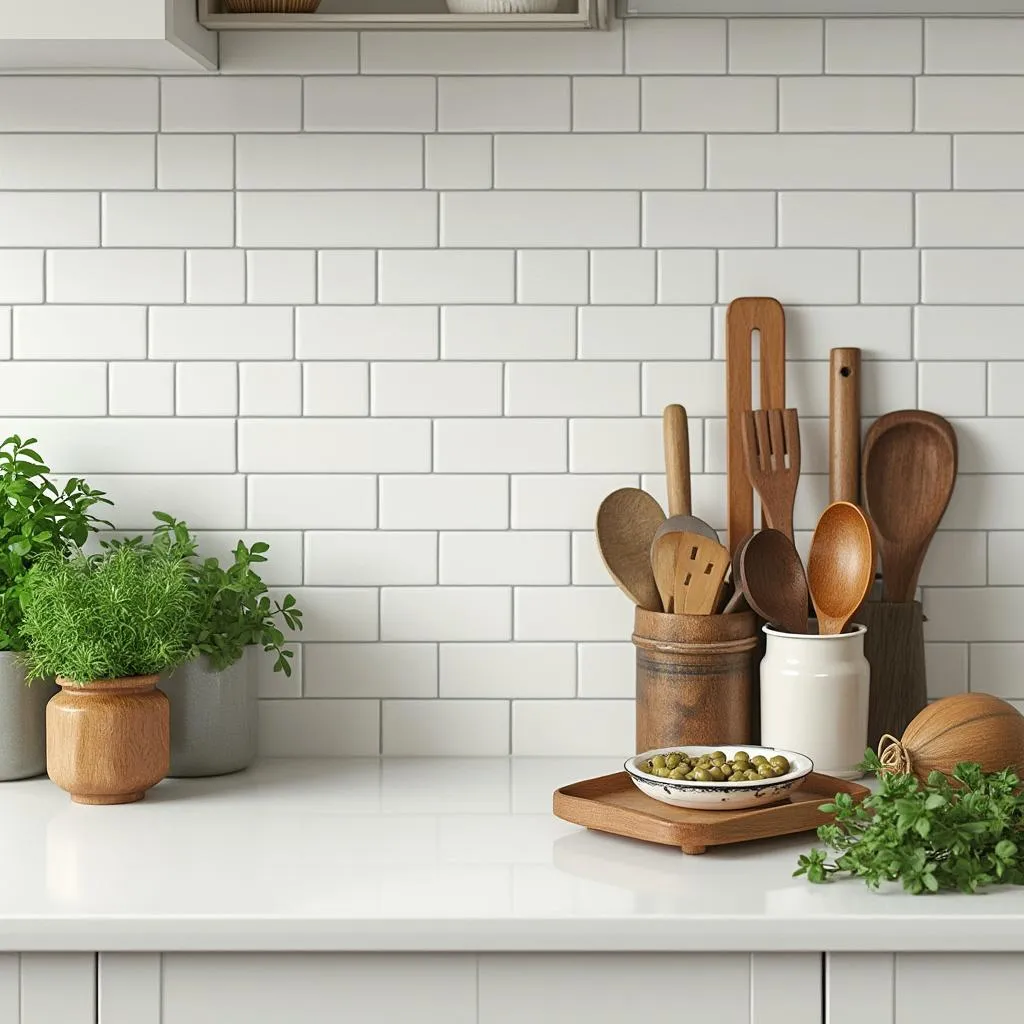Cocina minimalista con detalles en madera y plantas