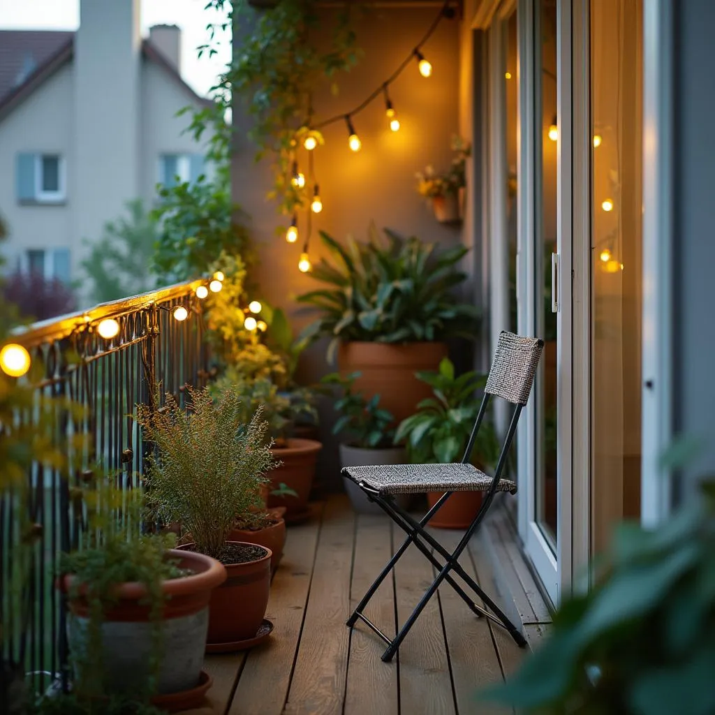 Balcón urbano transformado en un pequeño oasis verde