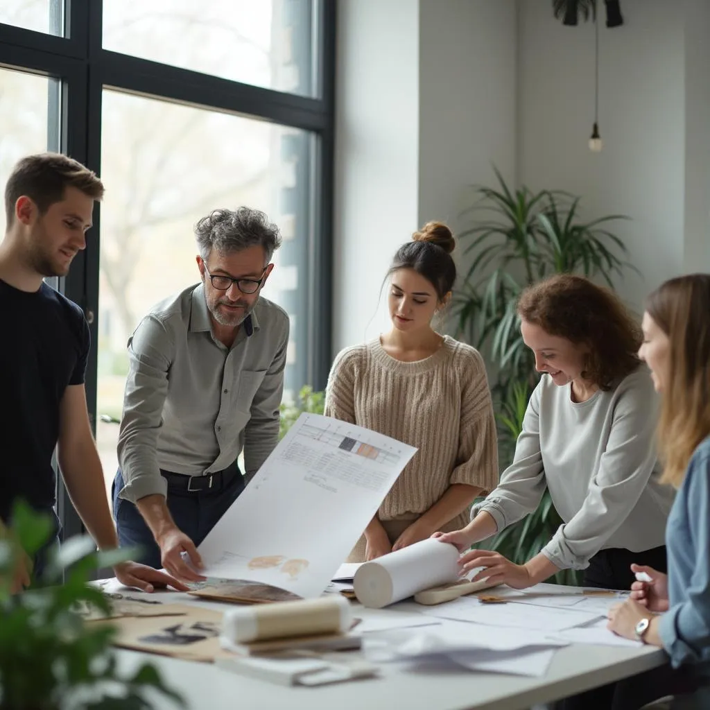 Equipo de Cinquanterdql colaborando en ideas de diseño minimalista